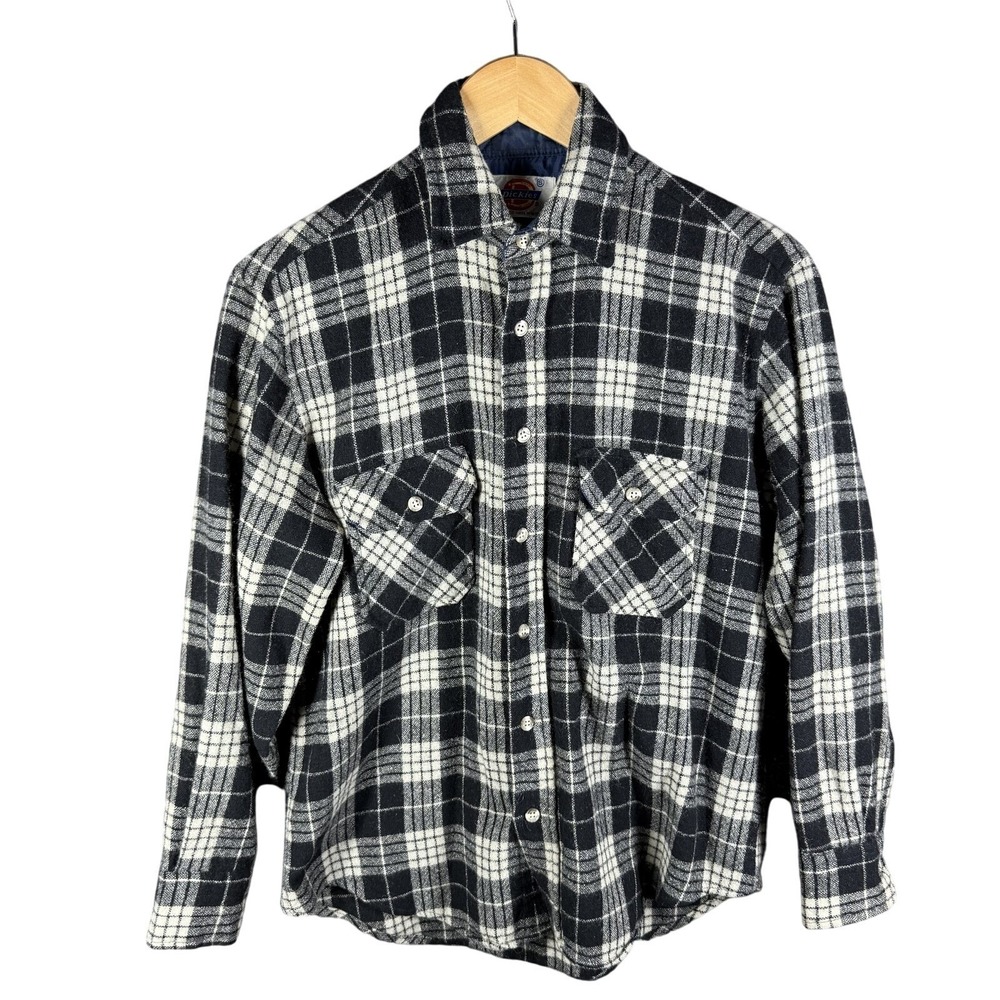 Dickies‎ Flannel Shirt Mens S Black White Plaid Wool Blend Long Sleeve Vintage